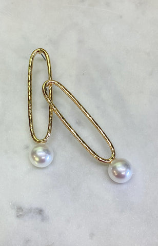 Golden Oval Pearl Drop Earrings