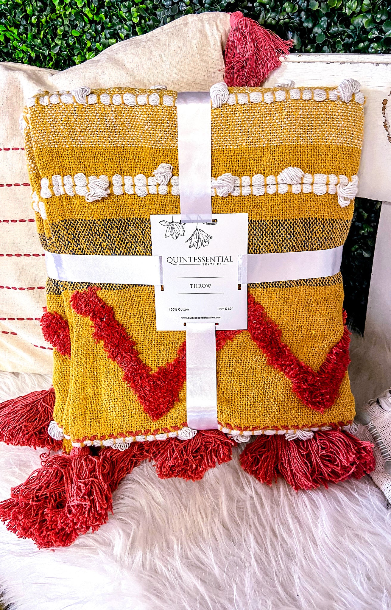 Mustard & Red Hand Tufted Throw With Tassels